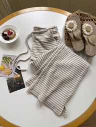 Comfortcana Damen Sommer gestrickte gestreifte Hose mit Kordelzugbund und Taschen, Lässig