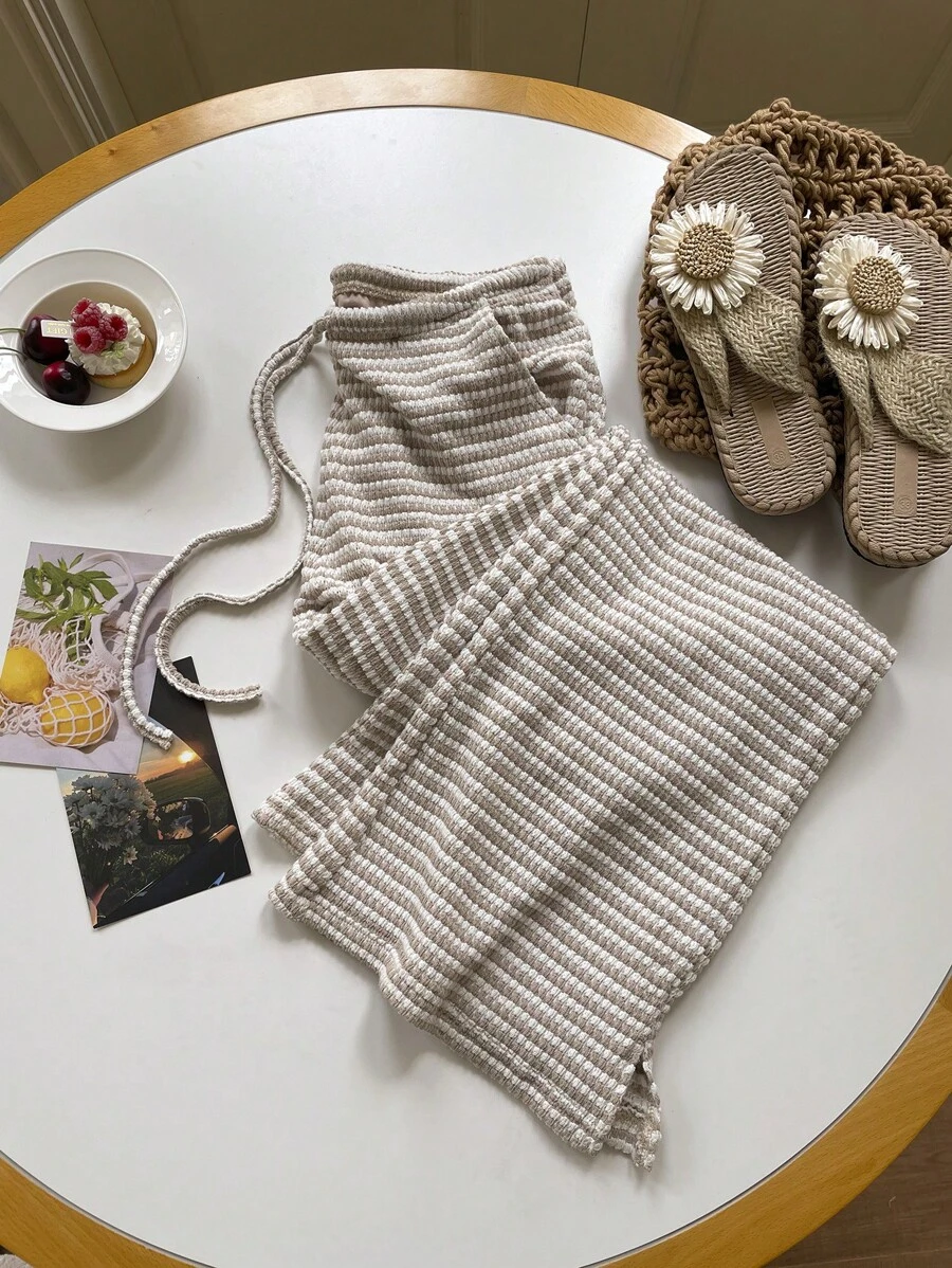 Comfortcana Women's Summer Knit Striped Drawstring Waist Pockets Casual Pants,Perfect For Holiday Wear - Khaki - View 1