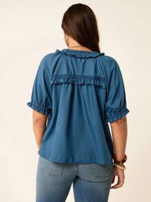SHEIN LUNE Plus Size Women Slouchy Casual Style Summer Fourth Of July Women Cozy Fit Sweet Blouse Holiday Teacher Boho Graduation Blouse Beach Vacation - Blue - View 2