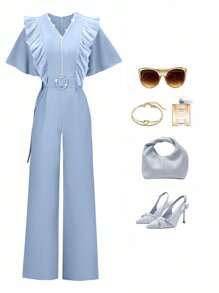 Modelyn Women's Solid Color Mesh Splice Faux Pearl Webbing Belt Jumpsuit - Blue - View 1