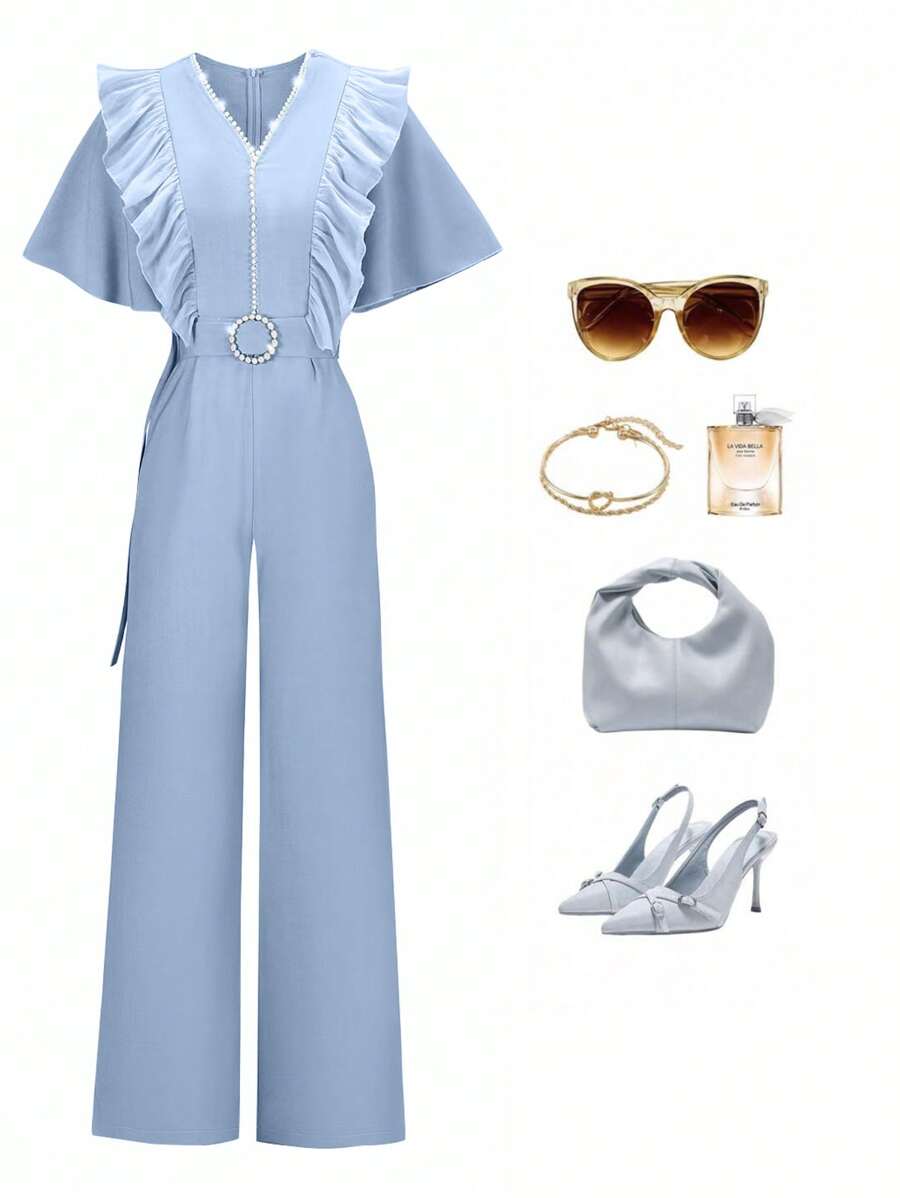 Modelyn Women's Solid Color Mesh Splice Faux Pearl Webbing Belt Jumpsuit - Blue - View 1