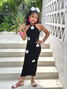 SHEIN Vestido de vacaciones elegante con escote halter, ajustado y con estampado floral para niña preadolescente