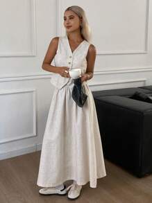 DAZY 女士夏季休闲纯色V领背心和裙子两件套亚麻 - 米色 - 查看 5