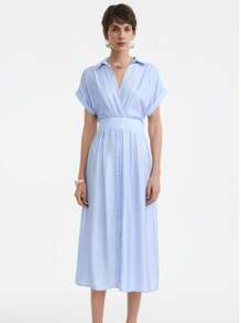 Aalyst 女士春夏通勤度假海滩商务休闲棉混纺衬衫领交叉 V 领下摆纽扣开衩袖口落肩袖连衣裙