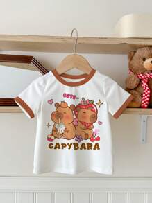 SHEIN 休闲可爱水豚印花圆领短袖T恤，适合年轻女孩，柔和的色调，轻松舒适，休闲夏季上衣 - 彩色 - 查看 2