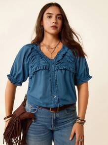 SHEIN LUNE Plus Size Women Slouchy Casual Style Summer Fourth Of July Women Cozy Fit Sweet Blouse Holiday Teacher Boho Graduation Blouse Beach Vacation - Blue - View 6