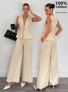 Siren Gaze 100%Cotton Women's High-Waist Drawstring Adjustable Ruched Shirt And Pants Set, Ladies 2 Pieces Outfit, Linen Clothing,Summer Outfits For Women,Vacation Outfits Woman,Business Casual Woman,Linen Suits,Butter Yellow - Apricot - View 8