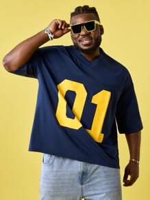 EASEVO 大码男士休闲字母图案印花宽松 V 领短袖针织 T 恤，适合夏季运动、外出 - 藍色 - 查看 6