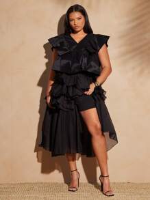 纯色雪纺层叠荷叶边中长裙搭配骑行短裤，波西米亚风，节日，夏季，度假 - 黑色 - 查看 6