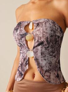 Hauture Top corto entallado sin mangas con estampado completo y diseño calado para mujer