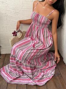 Sunnyshic 女式夏季度假风格印花荷叶边下摆长款吊带裙 - 彩色 - 查看 6