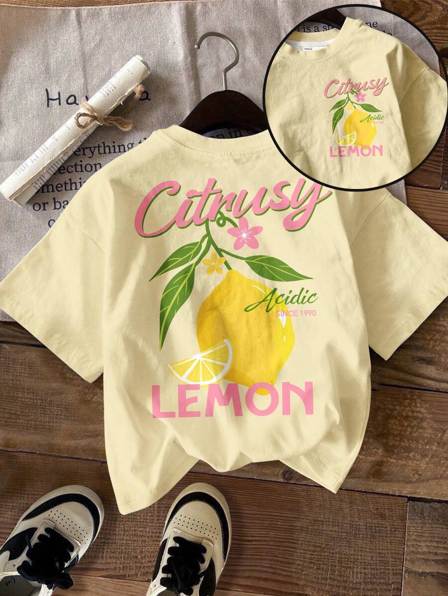 SHEIN Leap Crew Tween Mädchen-Kuschel-Sommer-Muster mit Zitronenbaum & Blumen Vintage-Muster, Tween Mädchen-Lässig-Grafik-Loose-Raglan-Kurzarm-T-Shirt, geeignet für den Sommer, Tween Mädchen-Grafik-T-Shirts