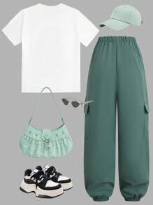 SHEIN Ensemble 2 pièces pour adolescentes, t-shirt décontracté à manches courtes et col rond avec imprimé graphique et pantalon cargo ample à poches, à la mode, pour le quotidien et l'extérieur, vert