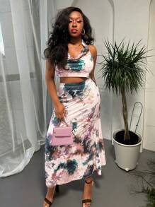Slaydiva 2022 New Women's Plus Size Holiday/Tropical Resort/Beach Party/Club/Date Tie Dye Draped Neck Cropped Top And Bodycon Maxi Skirt 2 Pieces Set - Multicolor - View 3