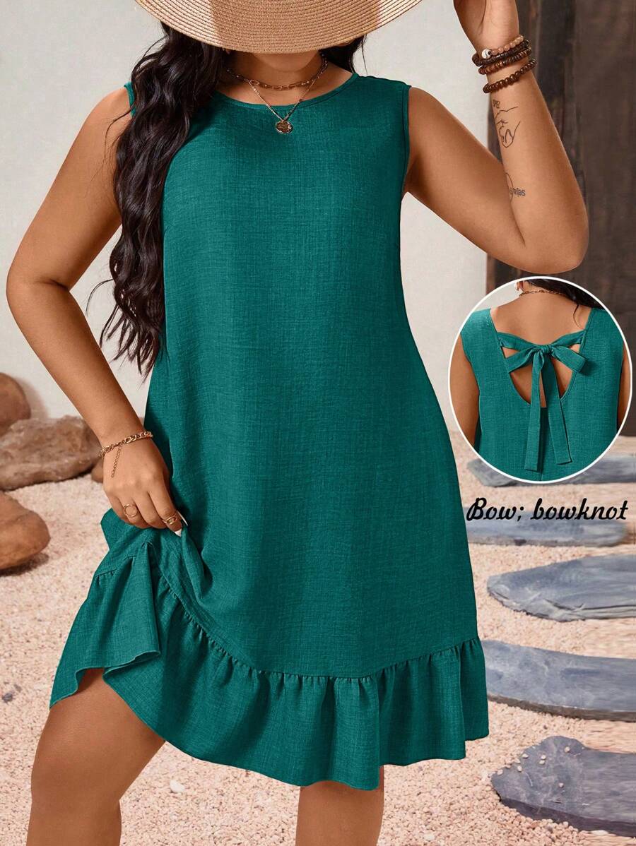 EMERY ROSE Plus Size Women Plain Sleeveless Ruched Summer Dress - Cadet Blue - View 1