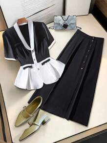 SHEIN Clasi 2pcs/Set Women Solid Woven Shirt And Slit Back Skirt, Cinched Waist Waist Semi-Formal Summer Suit - Black - View 1