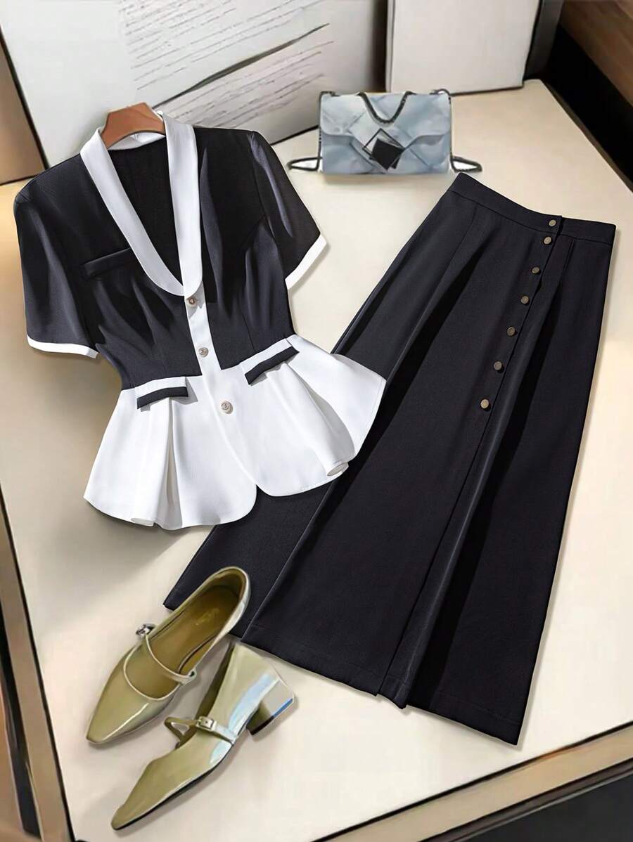 SHEIN Clasi 2pcs/Set Women Solid Woven Shirt And Slit Back Skirt, Cinched Waist Waist Semi-Formal Summer Suit - Black - View 1