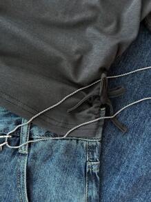 SHEIN 少女街头休闲百搭运动时尚夏季灰色短款肩部字母图案 T 恤，返校季