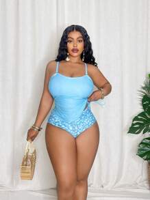 SHEIN Swim Curve Plus Size Women 2Pcs Fashion Solid Color Spaghetti Strap Bow Drawcord Backless Bikini Set For Summer Beach Vacation - Multicolor - View 3