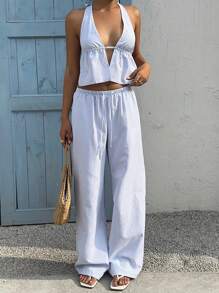 SHEIN PETITE 蓝白条纹亚麻面料深 V 领露背蝴蝶结短款上衣和抽绳腰部阔腿裤两件套服装，休闲海滩度假性感可爱的日常穿着，适合夏季娇小女性 - 藍色 - 查看 4