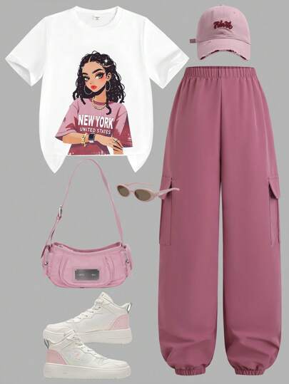 SHEIN Sparklyn 2pcs Teenage Girls Casual Graphic Printed Crew Neck Short Sleeve T-Shirt And Loose Cargo Pants Set, Chic Outfit For Daily Wear, Military Green, School, Campus, College