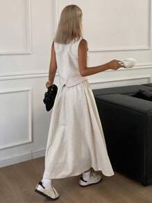 DAZY 女士夏季休闲纯色V领背心和裙子两件套亚麻 - 米色 - 查看 2
