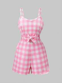 SHEIN Mono de cuadros rosas con estilo chic para niñas preadolescentes, adecuado para uso casual y playa