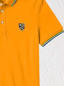 Men's Casual Contrast Trim Polo Shirt With Shield Logo, Suitable For Summer - Yellow - View 3