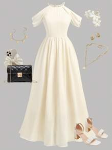 SHEIN Pitira Vestido con un hombro y pliegues en línea A, con mangas abullonadas, de color champán, elegante, adecuado para bodas, fiestas, ir al trabajo, de compras, fiestas de cumpleaños, vuelta al cole, verano, playa, vacaciones, para adolescentes