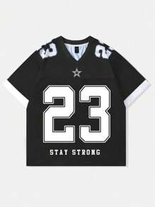 SHEIN Camiseta de manga corta con escote en V y parches de malla tejida, estilo urbano para niños preadolescentes, primavera/verano
