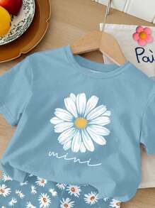 SHEIN Conjunto de 2 piezas de pantalón corto y manga corta casual y minimalista para niñas, apto para el verano