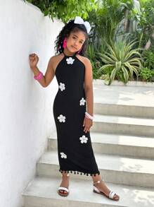 SHEIN Vestido de vacaciones elegante con escote halter, ajustado y con estampado floral para niña preadolescente