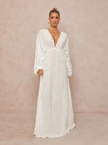 Lumalex 1 pieza Vestido largo de mujer con cuello en V profundo, mangas anchas plisadas, falso diseño de 2 piezas, volantes en el bajo y silueta ceñida