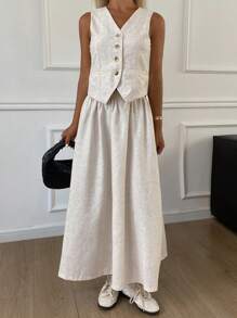DAZY 女士夏季休闲纯色V领背心和裙子两件套亚麻 - 米色 - 查看 4