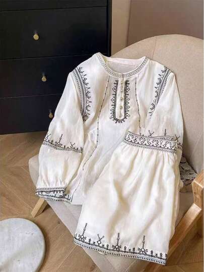 Franclia 女士休闲灯笼袖圆领衬衫套装