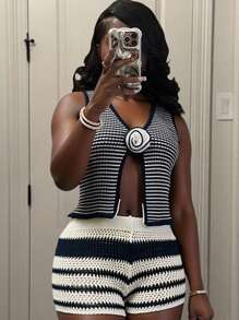 Slaydiva Women's Chic Summer Black And White Striped Two Pieces Set,Vacation Crocheted Deep V-Neck Sleeveless Sweater Top & Slim Fit Shorts Knit Wool Suit - Black and White - View 7