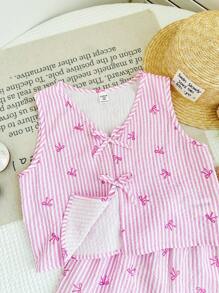 SHEIN LMoss Kids 2pcs Tween Girl Woven Striped Casual Top & Shorts Set - Blue and White - View 3