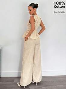 Siren Gaze 100%Cotton Women's High-Waist Drawstring Adjustable Ruched Shirt And Pants Set, Ladies 2 Pieces Outfit, Linen Clothing,Summer Outfits For Women,Vacation Outfits Woman,Business Casual Woman,Linen Suits,Butter Yellow - Apricot - View 3