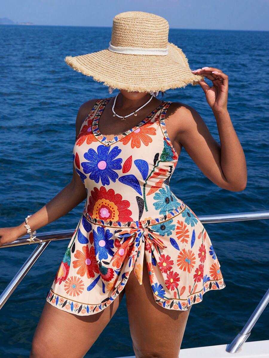 Slaydiva 大码女式简约连体泳衣，适合夏季日常穿着 - 彩色 - 查看 1