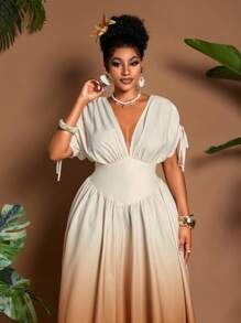 女士加大码优雅渐变印花系带蝴蝶结 V 领 A 字长裙，百搭设计，适合外出、海滩、音乐节、春夏季 - 彩色 - 查看 4