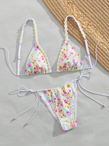 Swim Mod 热带碎花抽绳短裤，花朵装饰性感甜美沙滩度假比基尼泳装两件套，春夏 - 彩色 - 查看 5