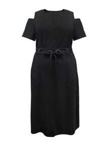 SHEIN CURVE+ 2pcs Plus Size Women Set: Solid Color Notched Neck Short Sleeve Top And Skirt - Black - View 4