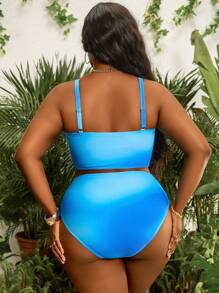 Slaydiva 大码女式两件套随机蓝色扎染渐变印花交叉可调节粗肩带高腰交叉三角泳裤时尚度假休闲畅销比基尼套装