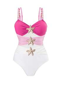 Swim Oasis Plus Size One-Piece Swimsuit & Skirt 2pcs Set, Multi-Color Metal Starfish Decor, Minimalist Design, Women Summer Beach Vacation Ibiza Outfit