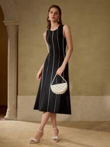 MOTF PREMIUM VESTIDO CON RIBETE DE PERLAS FALSAS Y APLICACIONES DE CONTASTE