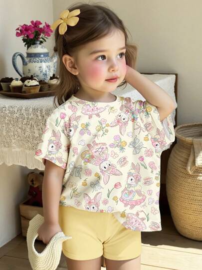 SHEIN Happikins Baby Girl Casual Simple Crew Neck Short Sleeve T-Shirt & Tight Shorts Set, Suitable For Spring/Summer