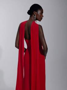 SHEIN Belle Elegant, Romantic, Crimson, Satin, Woven Matte Ribbon Trim, Off-Shoulder, Tube Top, Pleated, Bodycon, Mermaid Hem, Wedding Guest, Party, Bridesmaid Dress - Red - View 4