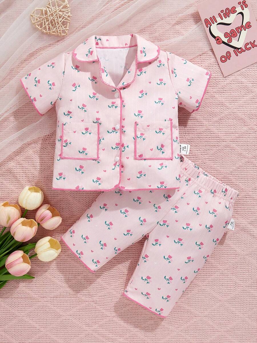 2 piezas Conjunto de pantalones cortos y blusa de manga corta informal y minimalista para bebé niña, color rosa claro - Rosa - Ver 1