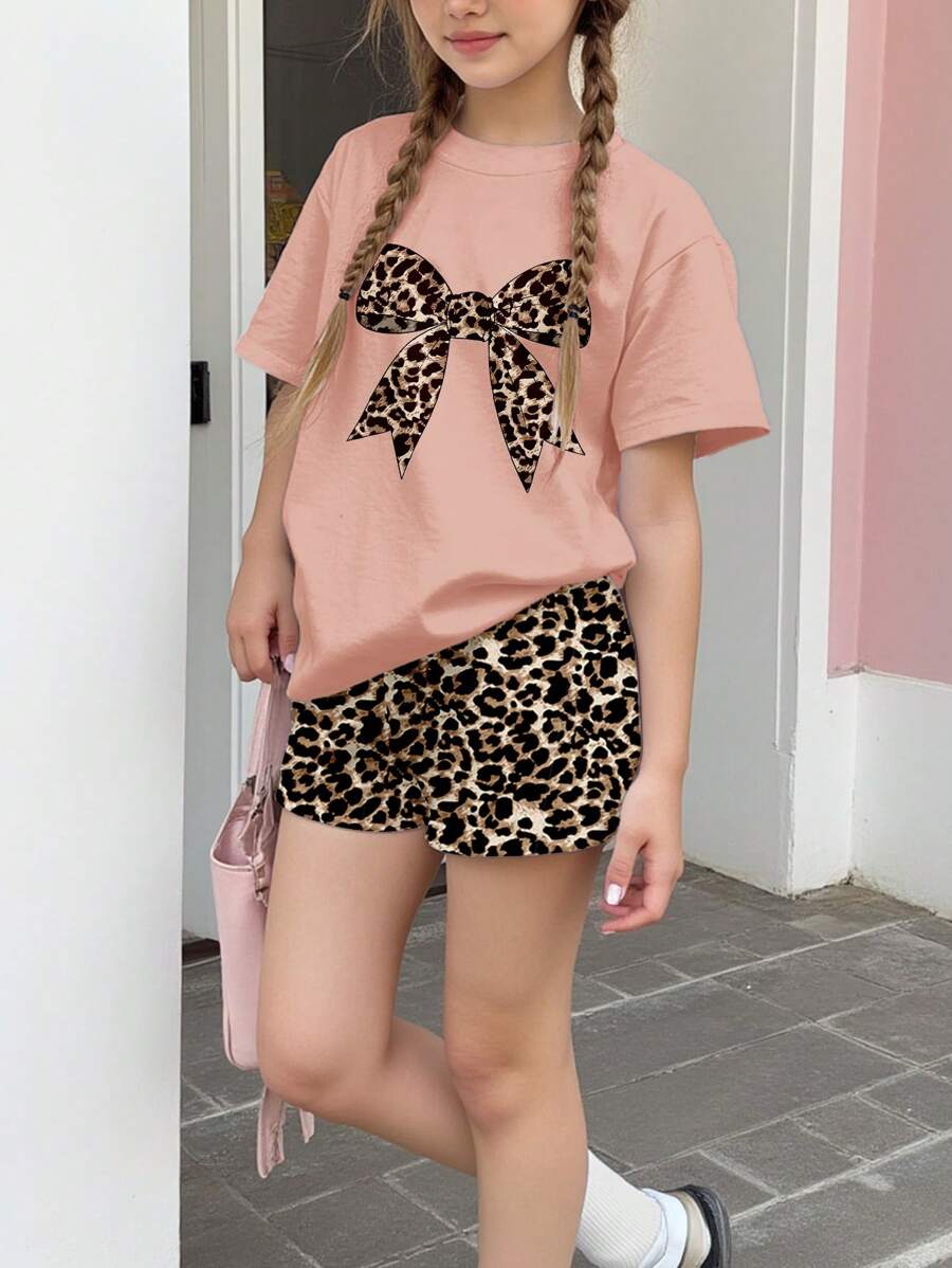 SHEIN 青少年女孩休闲简约短袖短裤两件套服装，适合夏季 - 彩色 - 查看 1