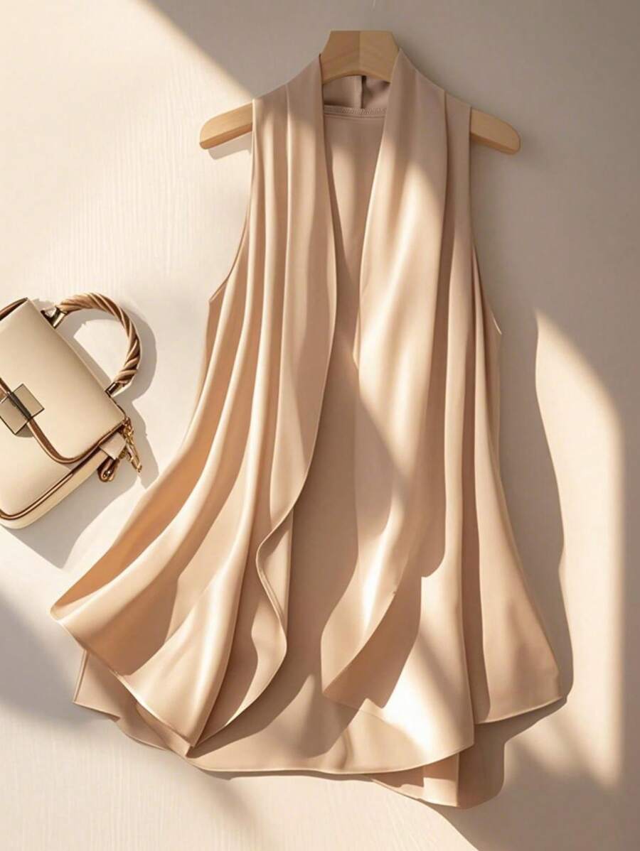 Franclia Sleeveless Asymmetrical Lightweight Vest Jacket - Brown - View 1